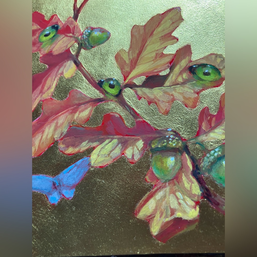 Original Butterfly painting oak acorn art nature gold surreal nouveau Artwork US - Picture 8 of 10